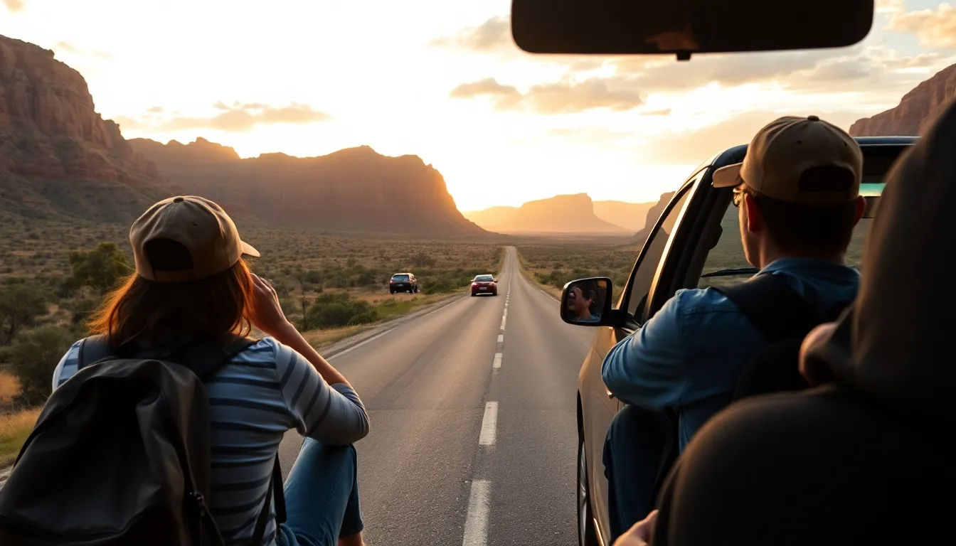 Scenic Australian road trip with backpackers and cars